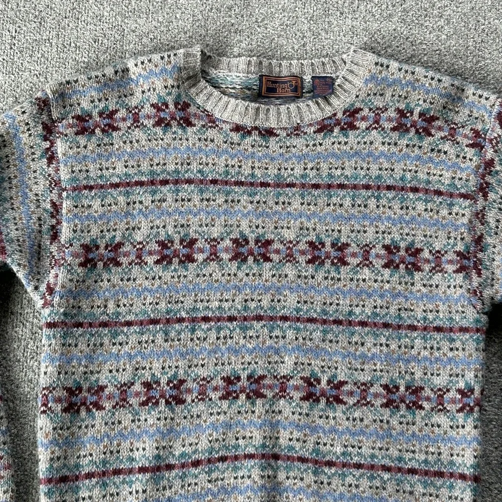 Vintage Hunting Horn Sweater Mens M Multicolor Shetland Wool Fair Isle Hong Kong